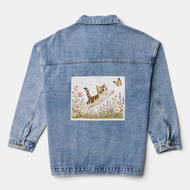 Embroidered Kitten Chasing Butterfly in Wildflower Denim Jacket (Back)