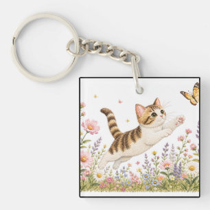 Embroidered Kitten Chasing Butterfly in Wildflower Key Ring