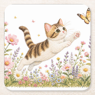 Embroidered Kitten Chasing Butterfly in Wildflower Square Paper Coaster