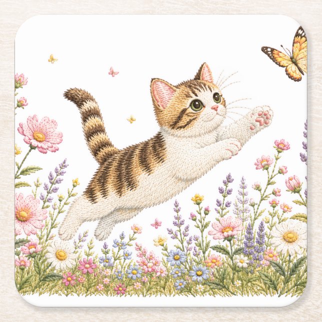 Embroidered Kitten Chasing Butterfly in Wildflower Square Paper Coaster (Front)