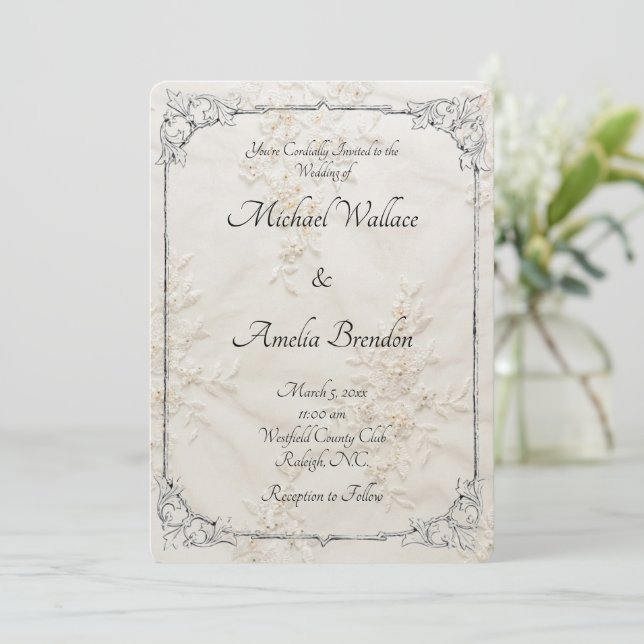 Embroidered Lace Wedding Save the Date Card (Standing Front)