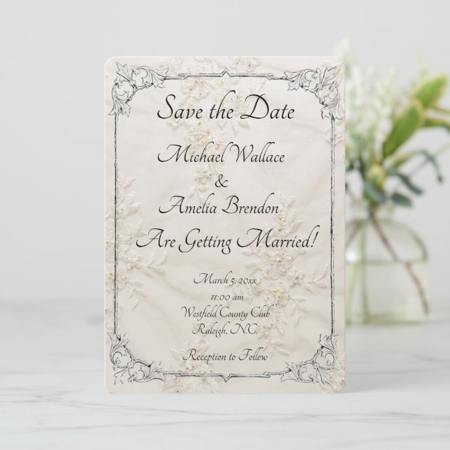 Embroidered Lace Wedding Save the Date Card (Standing Front)