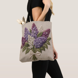 Embroidered Lilac Bouquet – Faux Embroidery Linen Tote Bag