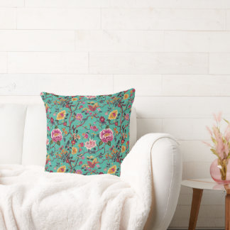 Embroidered Look Chinoiserie Turquoise Cushion