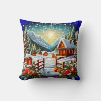 Embroidered Look Outdoor Winter Christmas Scene Cushion