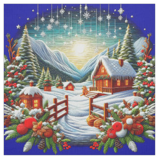 Embroidered Look Outdoor Winter Christmas Scene Fabric