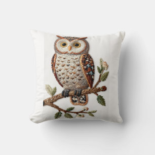 Embroidered Owl on Branch Rustic Nature Art Design Cushion