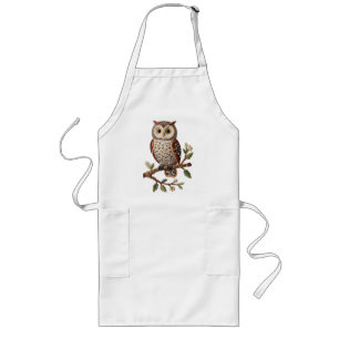 Embroidered Owl on Branch Rustic Nature Art Design Long Apron