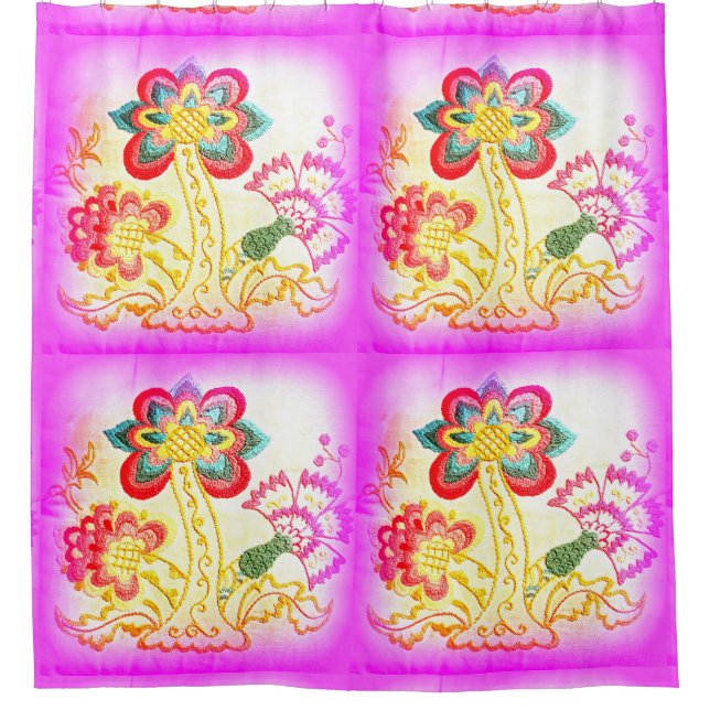 embroidered palm trees pink shower curtain (Front)