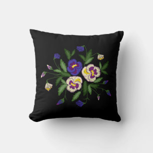 Embroidered Pansies Purple Blue White Bouquet Cushion