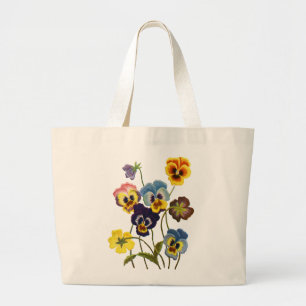 Embroidered Parade of Pansies Large Tote Bag