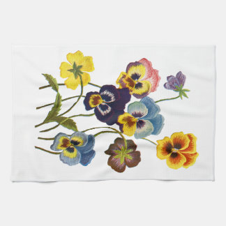Embroidered Parade of Pansies Tea Towel
