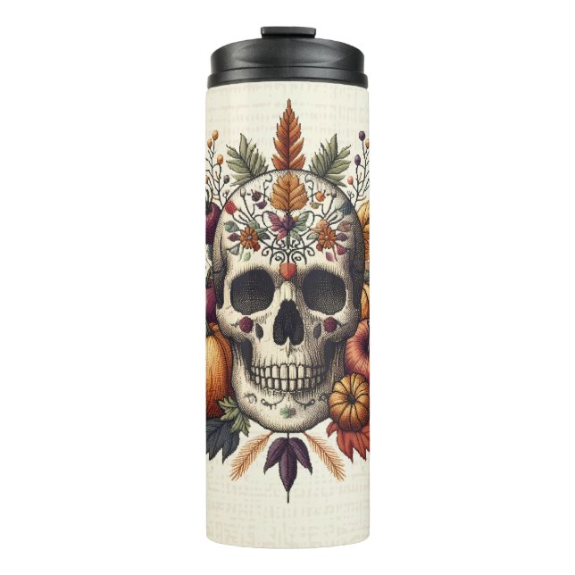 Embroidered Pastel Gothic Sugar Skull Flowers Thermal Tumbler (Front)