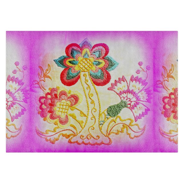 embroidered pink palm tree glass cutting board (Front)