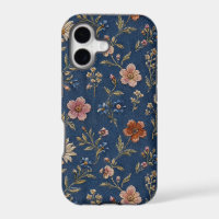 Embroidered plain wildflowers on denim background