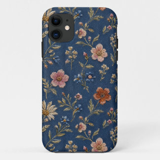 Embroidered plain wildflowers on denim background iPhone 11 case