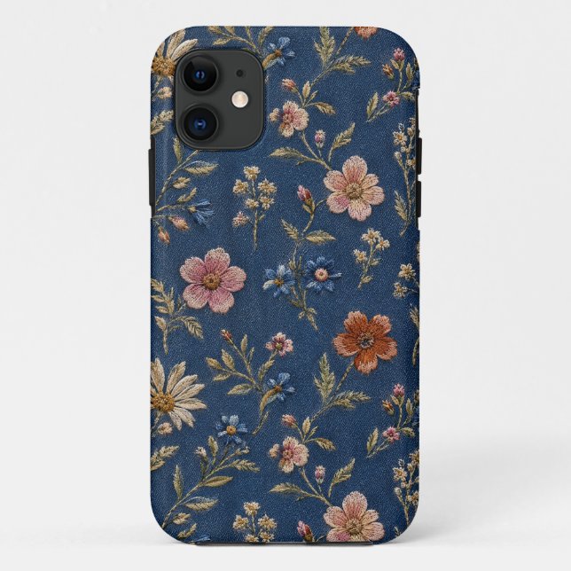 Embroidered plain wildflowers on denim background Case-Mate iPhone case (Back)