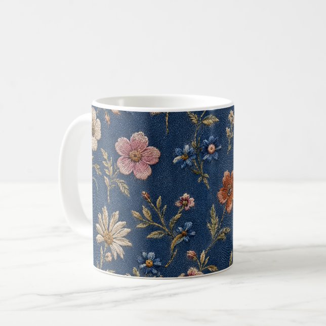 Embroidered plain wildflowers on denim background coffee mug (Front Left)
