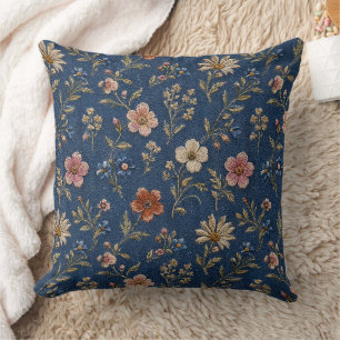 Embroidered plain wildflowers on denim background cushion