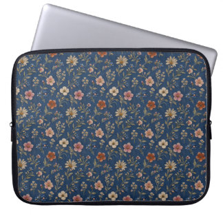 Embroidered plain wildflowers on denim background laptop sleeve
