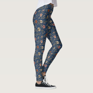 Embroidered plain wildflowers on denim background leggings