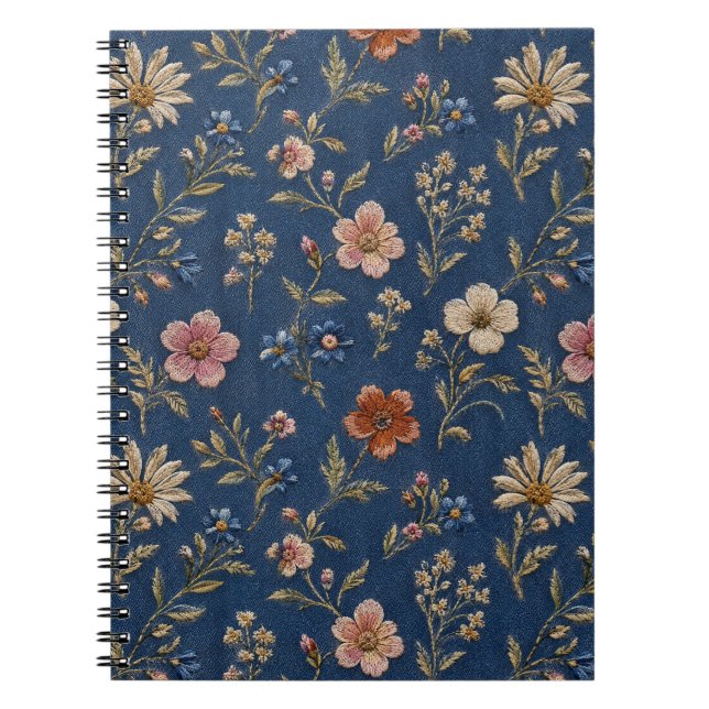 Embroidered plain wildflowers on denim background notebook (Front)