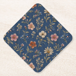 Embroidered plain wildflowers on denim background paper coaster