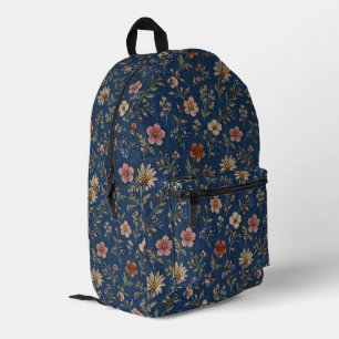 Embroidered plain wildflowers on denim background printed backpack