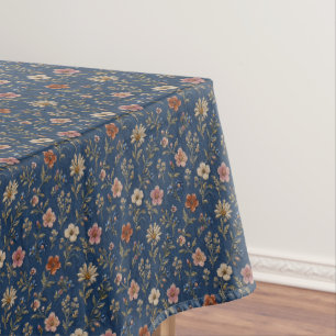 Embroidered plain wildflowers on denim background tablecloth