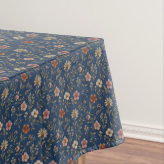 Embroidered plain wildflowers on denim background tablecloth