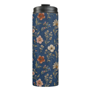 Embroidered plain wildflowers on denim background thermal tumbler