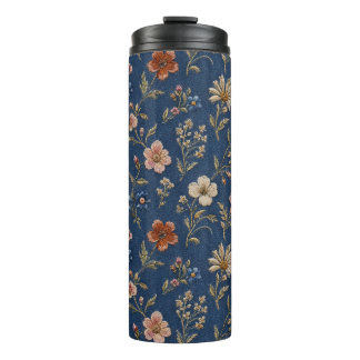 Embroidered plain wildflowers on denim background thermal tumbler
