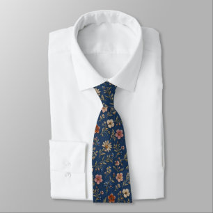Embroidered plain wildflowers on denim background tie