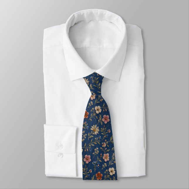 Embroidered plain wildflowers on denim background tie (Tied)