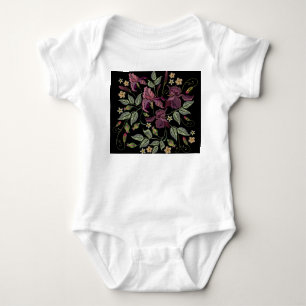 Embroidered Purple Irises Black Background. Baby Bodysuit