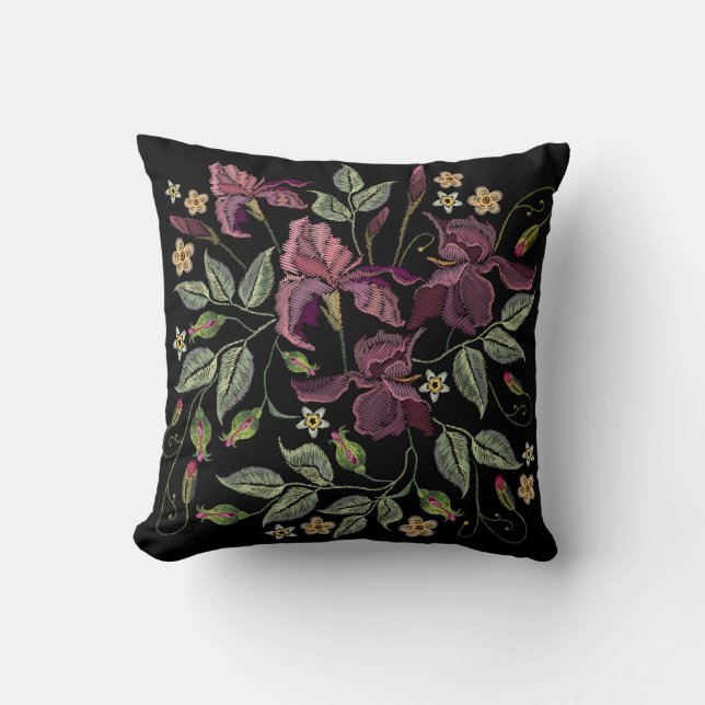 Embroidered Purple Irises Black Background. Cushion (Front)