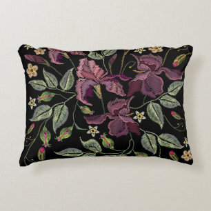 Embroidered Purple Irises Black Background. Decorative Cushion