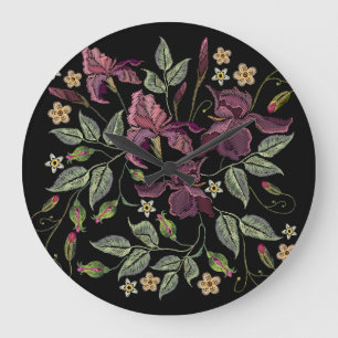 Embroidered Purple Irises Black Background. Large Clock