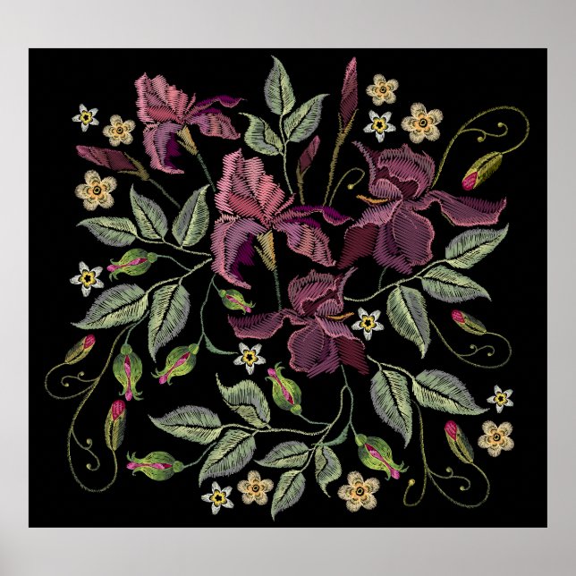 Embroidered Purple Irises Black Background. Poster (Front)