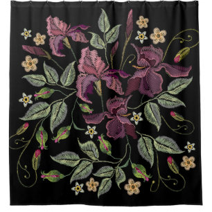 Embroidered Purple Irises Black Background. Shower Curtain