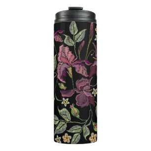 Embroidered Purple Irises Black Background. Thermal Tumbler