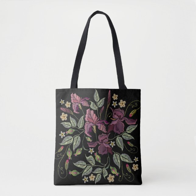 Embroidered Purple Irises Black Background. Tote Bag (Front)