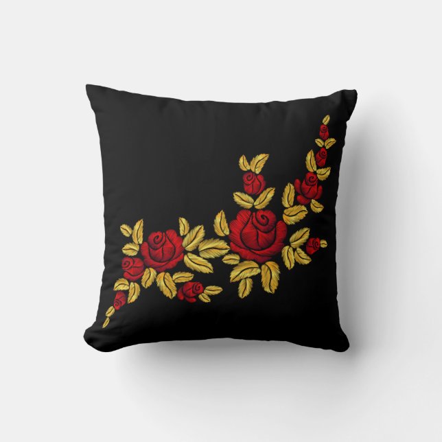 Embroidered Red Roses Golden Leaves Black Cushion (Front)