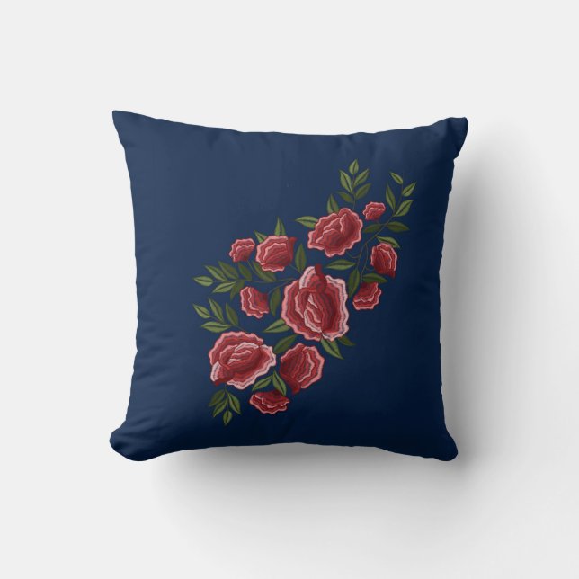 Embroidered Red Roses Green Leaves Floral Blue Cushion (Front)