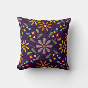 Embroidered Red Yellow Orange Pink Green Floral Cushion