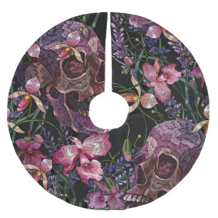 Embroidered Skull: Gothic Orchid Pattern Brushed Polyester Tree Skirt