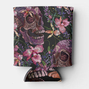 Embroidered Skull: Gothic Orchid Pattern Can Cooler