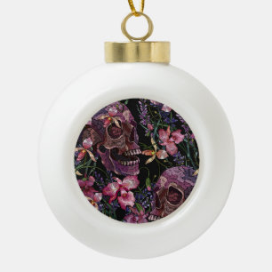Embroidered Skull: Gothic Orchid Pattern Ceramic Ball Christmas Ornament
