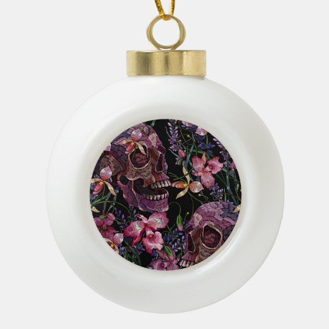 Embroidered Skull: Gothic Orchid Pattern Ceramic Ball Christmas Ornament (Front)