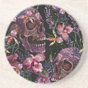 Embroidered Skull: Gothic Orchid Pattern Coaster